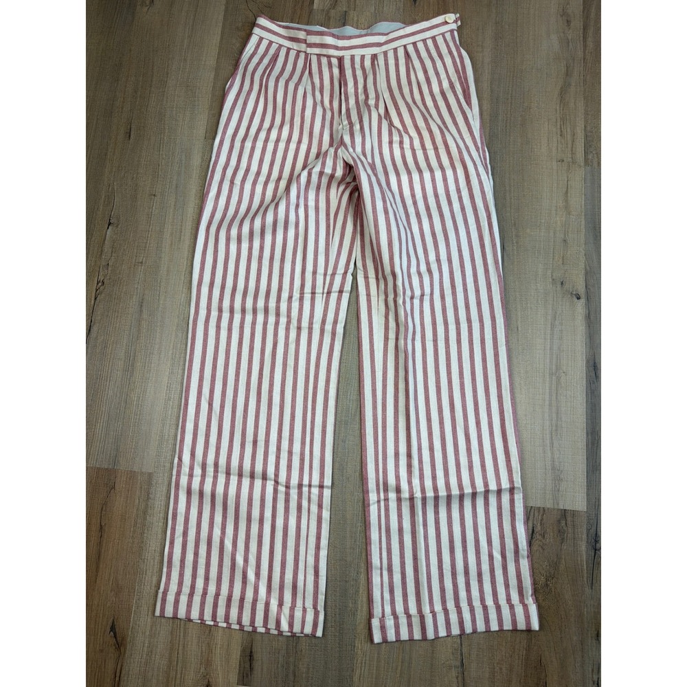Etro Milano Striped Silk Linen Wool Trouser Red Cream Cinch Waist Italy 48 US 12